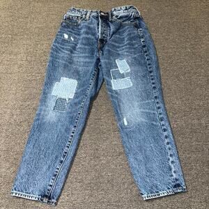 Old Navy O.G. Straight Jeans Womens 6 Blue Denim Patches High-Rise Button Fly